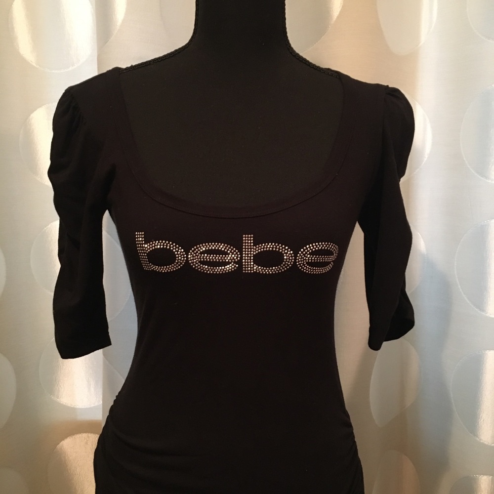BEBE logo black puff sleeve top size Medium